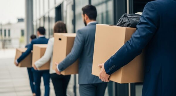 After layoffs, Ohio workers leave the office with their belongings packed in cardboard boxes