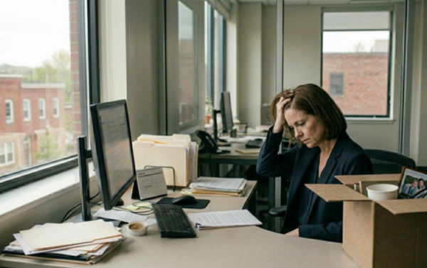 A distressed woman in professional attire sits at an office desk with her head in her hand, surrounded by stacked files and a packed cardboard box, depicting the emotional toll of a hostile or intolerable workplace environment related to constructive discharge in Ohio.
