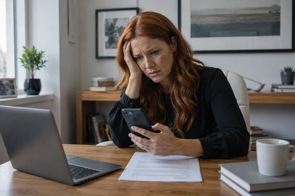 A distressed woman sits at a home office desk staring at her smartphone with a worried expression, with a laptop and printed documents in front of her, depicting an Ohio employee facing potential job discipline or termination related to social media activity.