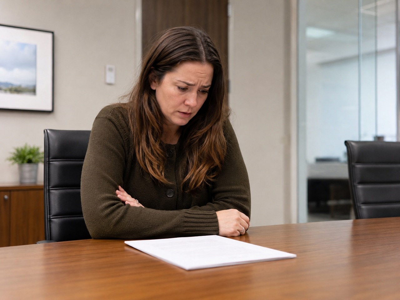 A woman with long brown hair wearing a dark green cardigan sits at a large wooden conference room table, looking down with a stressed and worried expression at a Performance Improvement Plan placed in front of her.