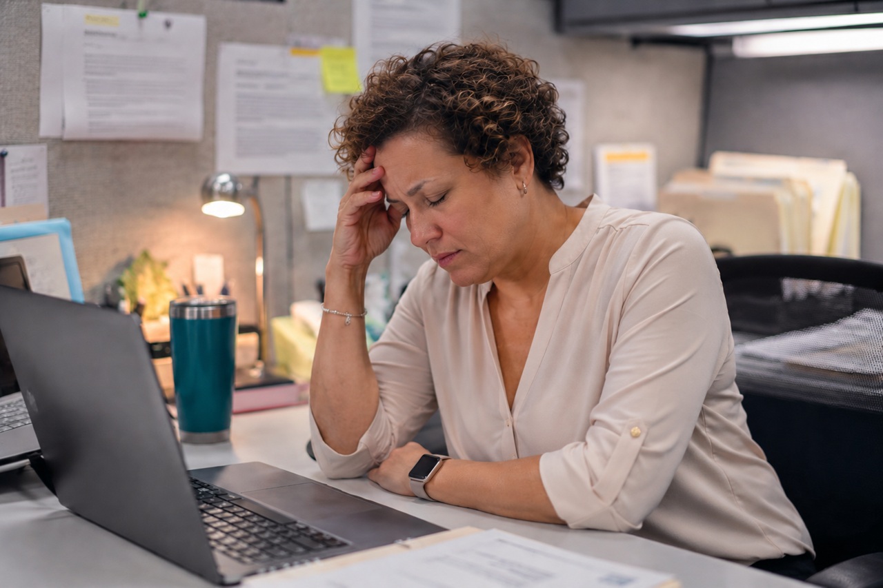 A stressed middle-aged woman with short curly hair sits at her office desk with her eyes closed and a hand pressed against her forehead in front of a laptop, representing mental health challenges, job burnout, and employee rights under the Family and Medical Leave Act (FMLA) for anxiety and depression in Ohio.