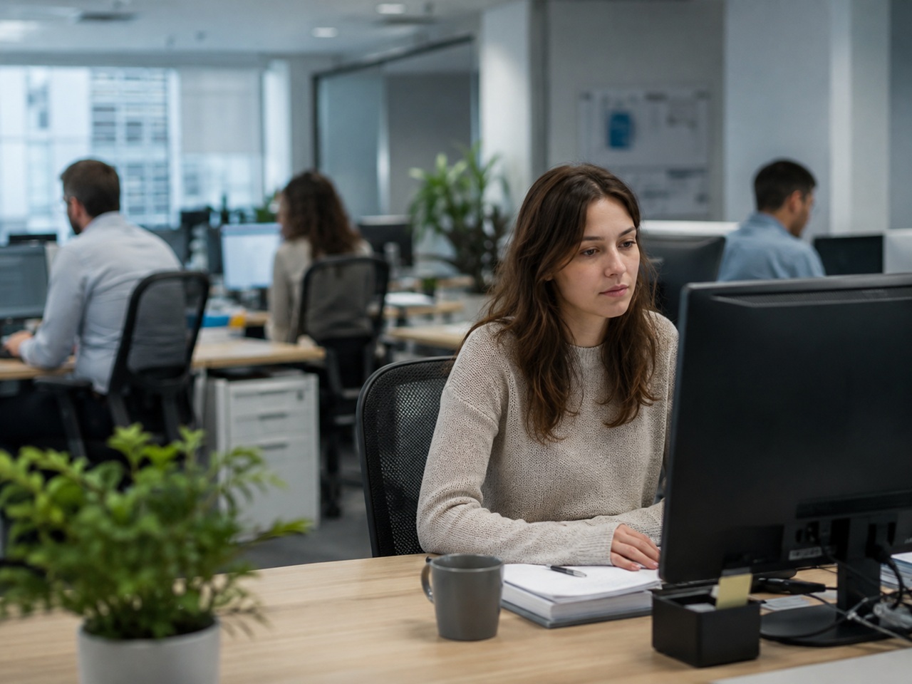 A woman sitting alone at her desk in an open office in Ohio, illustrating an employee's isolation after an employer fails to act on a sexual harassment complaint.