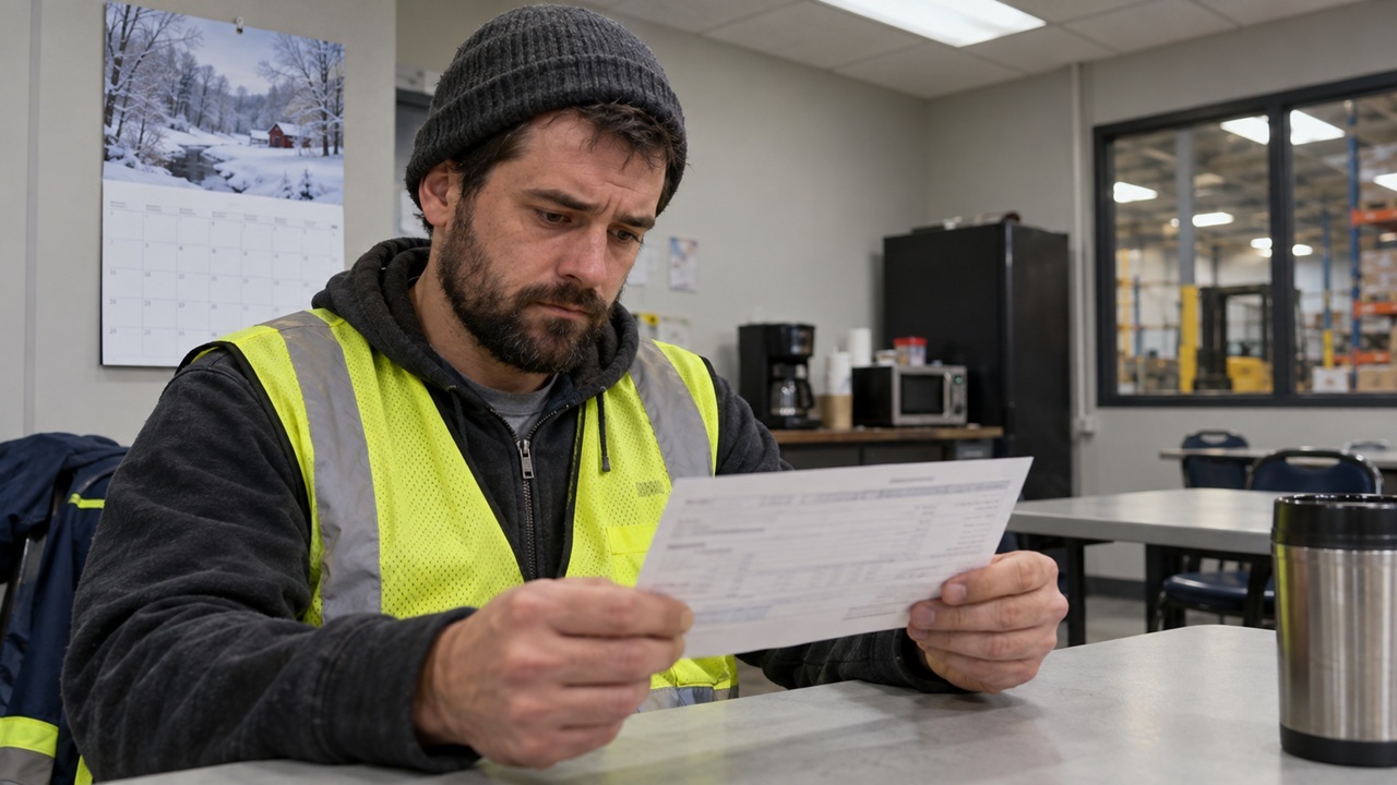 Warehouse worker in a safety vest reviews a pay stub at a break-room table with a winter calendar on the wall behind him.